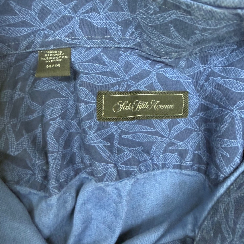 Saks Fifth Avenue Mens Blue Leaf Print Button Down Shirt Long Sleeve Medium - Picture 6 of 9